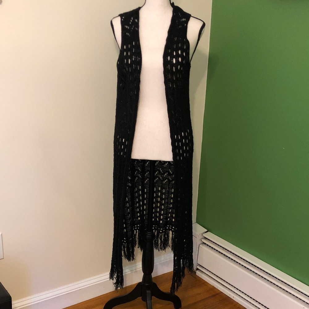 Faded Glory Black Open-Knit Long Vest